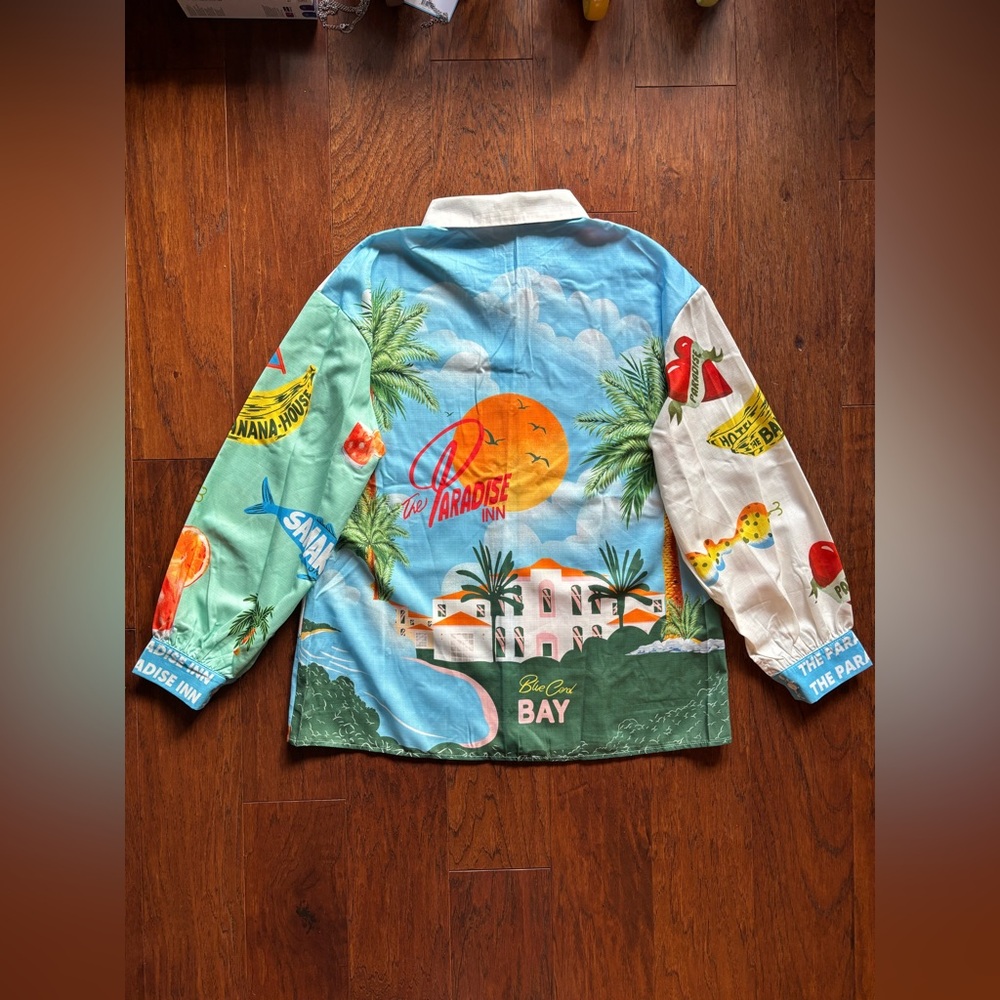 Summer Paradise Tropical Print Linen Blend Button Up Shirt | Oversized S - Picture 4 of 13